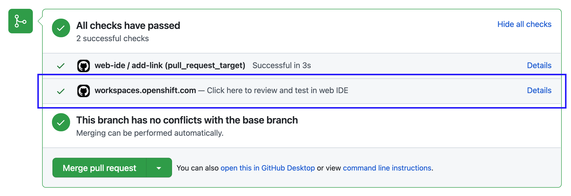 Pull request status check created by the Try in Web IDE GitHub action